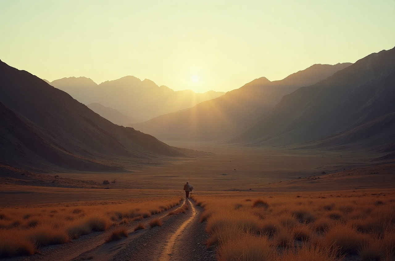 Valle de altura del noroeste argentino al atardecer, con cerros bajos y una figura pequeña y distante