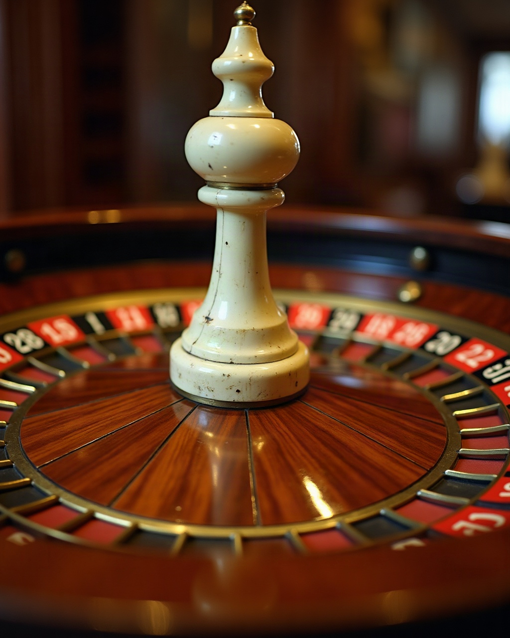 Primer plano del eje y la pista de bolilla de una ruleta de marfil, tomado de canto